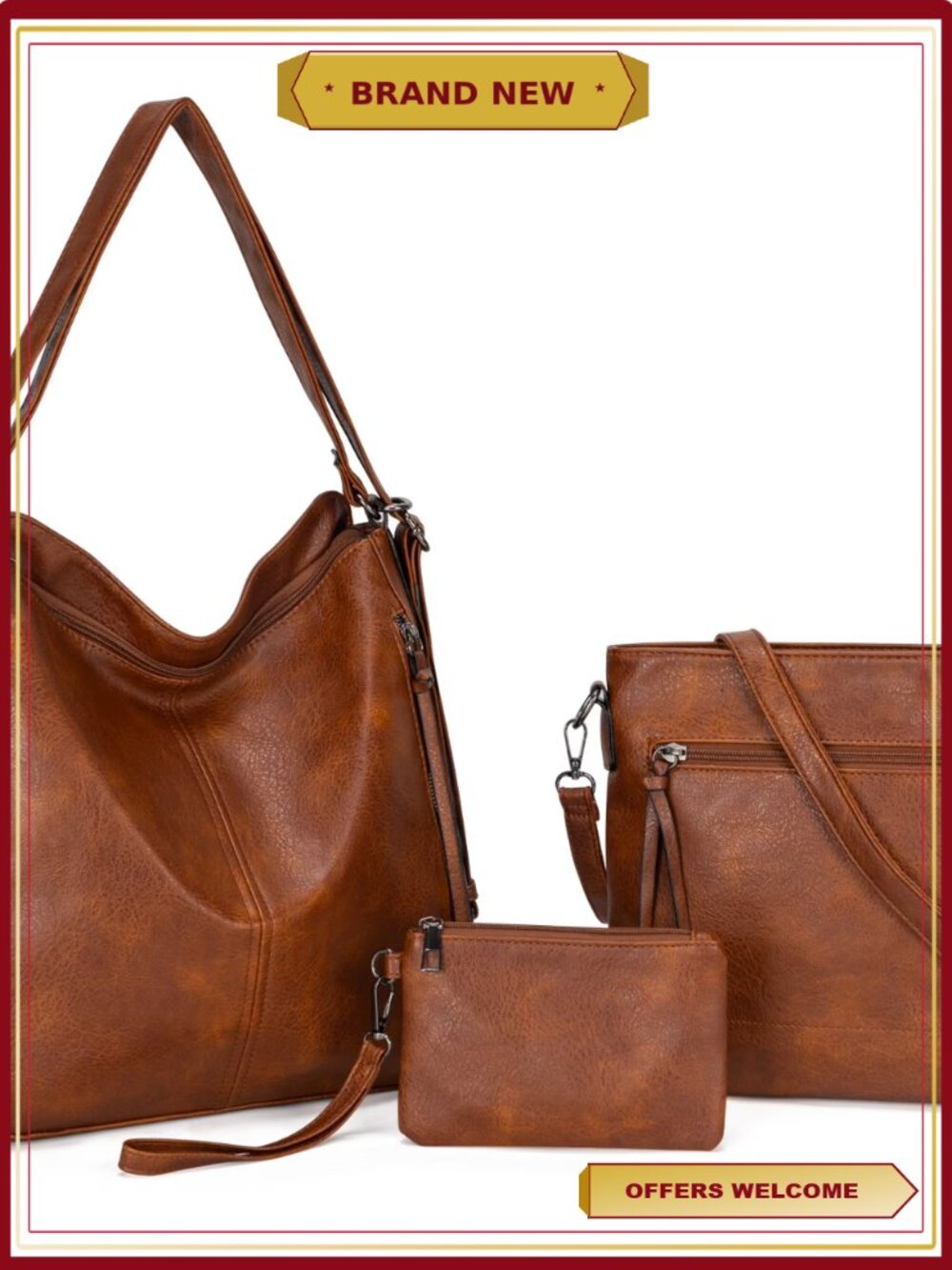 Leather Shoulder Bag Set 3pcs Crossbody Purse Tote Satchel